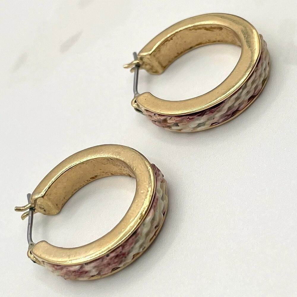 Vintage Gold Tone Hoop Earrings with Woven Style Enamel Detail Snap Closure Boho